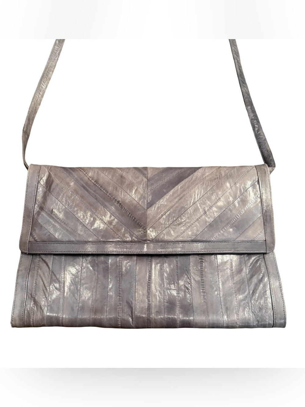 Vintage Genuine Eel Skin Handbag Gray Silver Shoulder Bag Clutch Korea